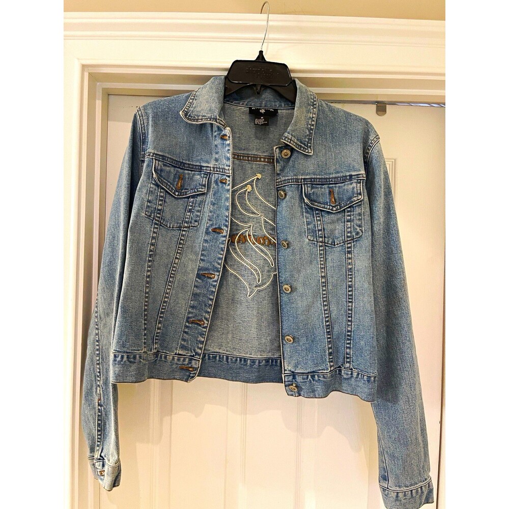 Rocawear Women's Blue Denim Jacket M Button Front Collared Long Sleeve Pockets